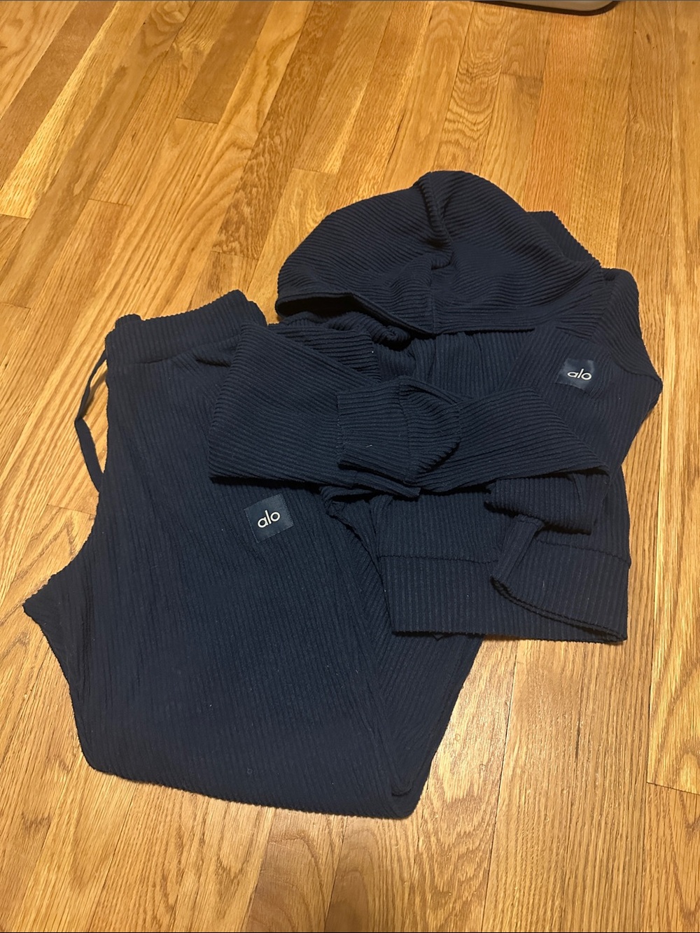 ALO Yoga Muse Ribbed Hoodie & Joggers Set in Navy